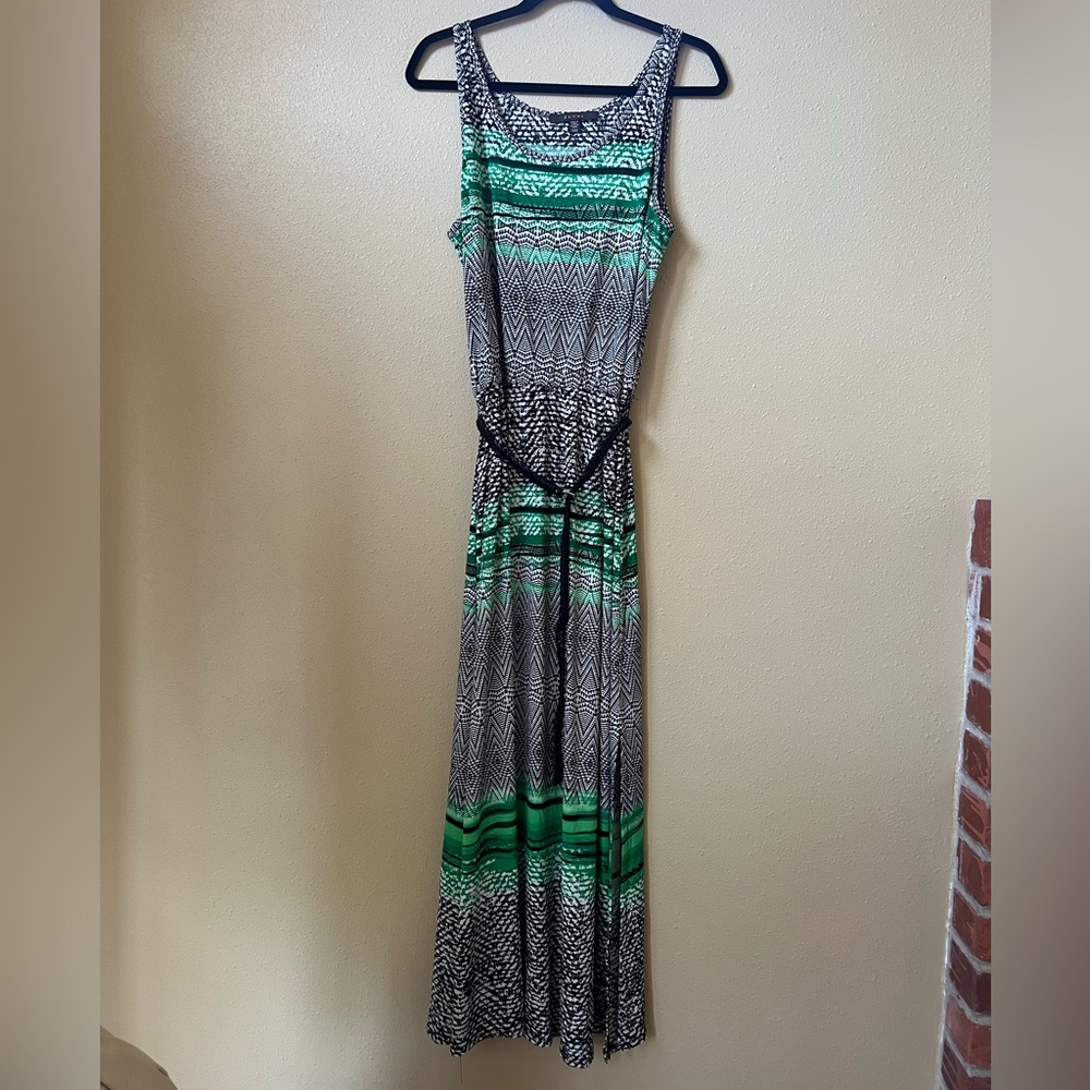 Green and Black Patterned Maxi Dress with a Black Belt